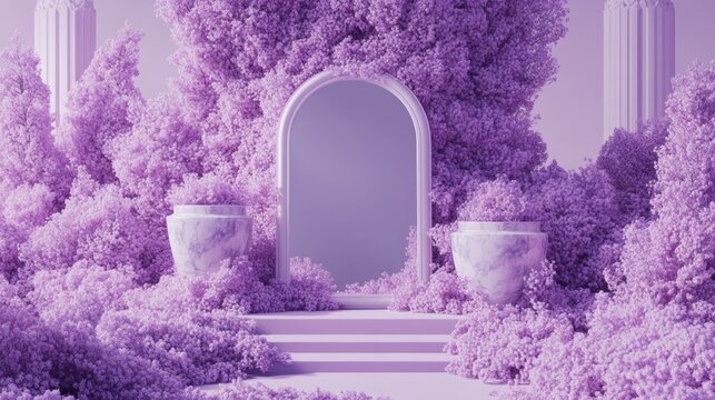 紫色の植物に囲まれたアーチ型の通路。大理石の壺と幻想的な空間。神秘的な舞台デザイン