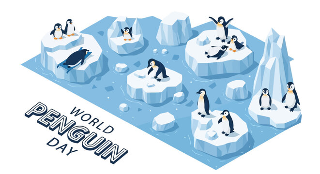 A World Penguin Day illustration showcases a penguin colony on ice formations in Antarctica, rendered in a bright, isometric vector style, with cold climate animals and a wildlife
