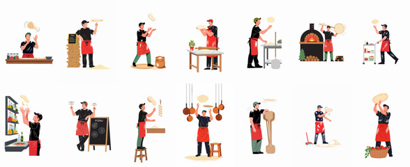 Naklejka premium Collection of Pizzaiolo Characters in Various Poses Tossing Dough and Preparing Traditional Italian Pizza in a Professional Kitchen Environment