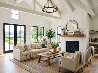 Naklejka premium A white modern farmhouse living room with shiplap walls and beams on the high ceilings and cozy furniture sits around a white fireplace.