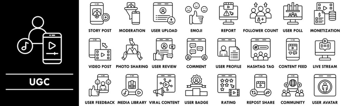 User Generated Content outline icon collection set. Containing design technology, marketing, internet, media, social