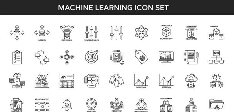 Machine learning infrastructure outline icon set with neural networks datasets regression monitoring analytics deployment artificial intelligence workflow symbols