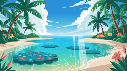 Obraz premium Tropical beach, palm trees, sandy shore, lily pads, vibrant illustration isolated on Transparent Background