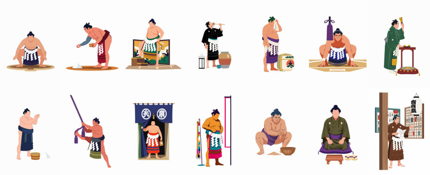 Collection of flat vector illustrations depicting sumo wrestlers in various traditional poses and ceremonial rituals of Japanese culture on a white background.