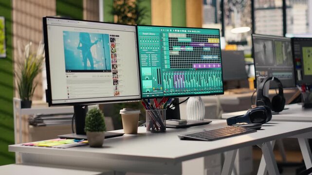 Empty PC running audio editing software displays DAW interface with tracks and stereo mastering tools used by music producers for soundtrack creation. Electronic audio industry.