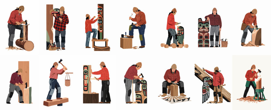 Illustration set of an indigenous wood carver creating traditional totem poles and masks using hand tools in various poses, isolated on white background.