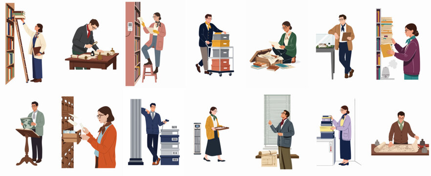 Illustrations of professional archivists and librarians managing collections, organizing historical documents, books, and maps in a library or museum setting.