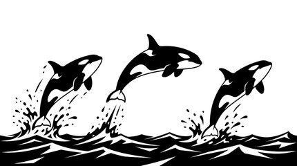 Naklejka premium A charming minimalist black and white illustration depicting three majestic orcas joyfully leaping from dynamic ocean waves, symbolizing freedom and marine beauty