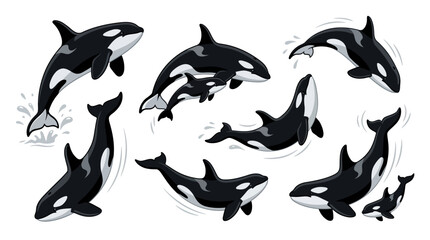 Fototapeta premium A vibrant collection of dynamic killer whale illustrations, depicting majestic orcas, including adults and playful calves, in stylized aquatic poses for marine wildlife themes