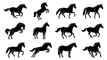 Obraz premium Dynamic collection of twelve stylized horse silhouettes showcasing various gaits and active poses, perfect for equestrian designs, graphic elements, and artistic projects