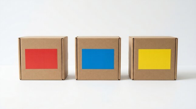 Three Cardboard Shipping Boxes with Red Blue and Yellow Labels on Whit
