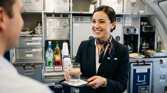 Professional Flight Attendant in Uniform Smiling and Serving a Fresh G