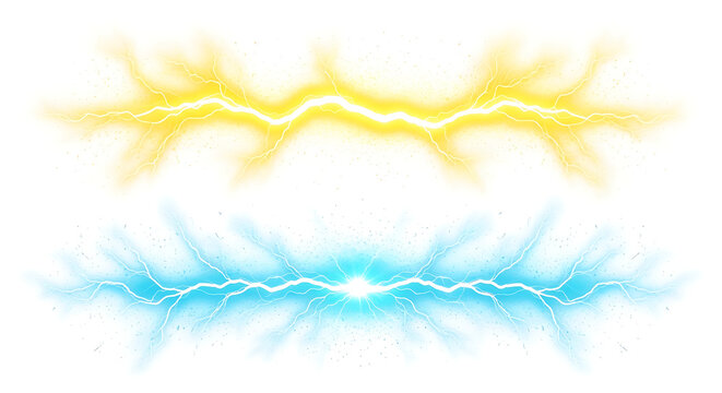 Glowing yellow and blue lightning strikes isolated