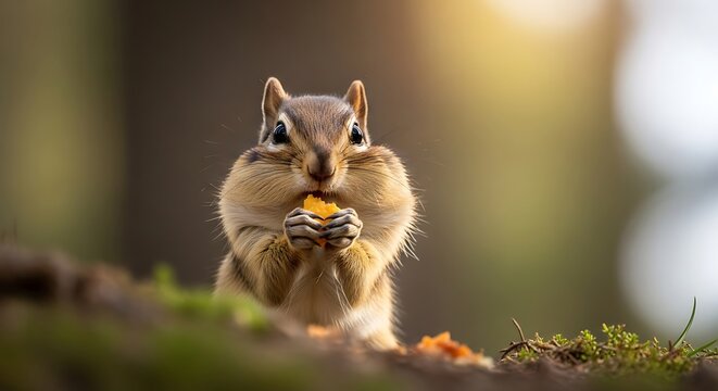 Chipmunk with Stuffed Cheeks Eating Fruit in Nature Forest
