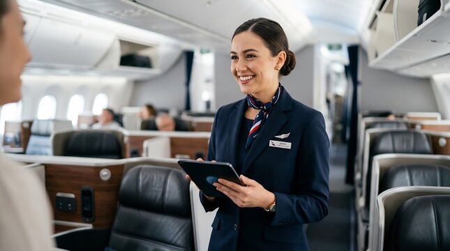 Professional Smiling Flight Attendant in Blue Uniform Holding Digital