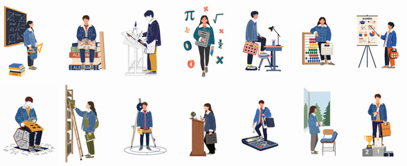 Fototapeta premium Collection of diverse flat illustrations showcasing students involved in mathematics, architecture, science, and general academic learning activities on a white background.