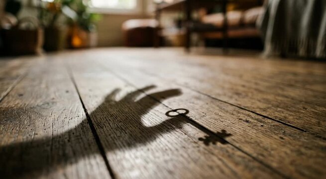 Mysterious shadow of a hand reaching for a key on a wooden floor