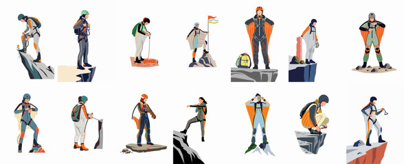 Set of flat vector illustrations of people in wingsuits and gear preparing for BASE jumping and extreme mountain sports. © Telu