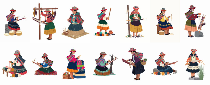 Vector illustration set of indigenous Andean women in traditional dress engaged in various stages of textile production, from spinning wool to weaving on looms.