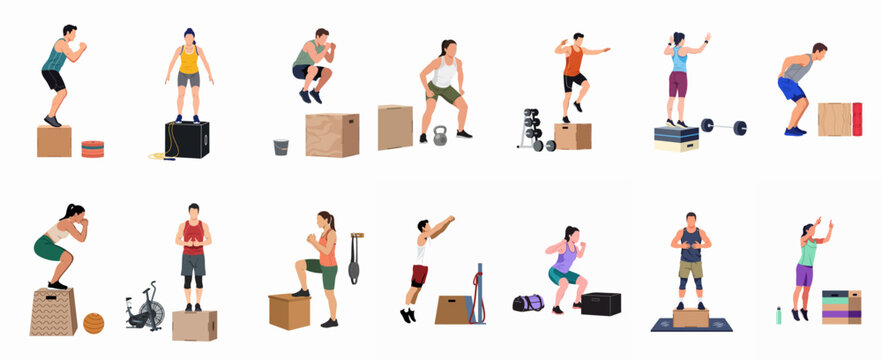 Flat Vector Illustration Collection of Diverse People Performing Functional Fitness Exercises and Box Jumps Isolated on White Background.