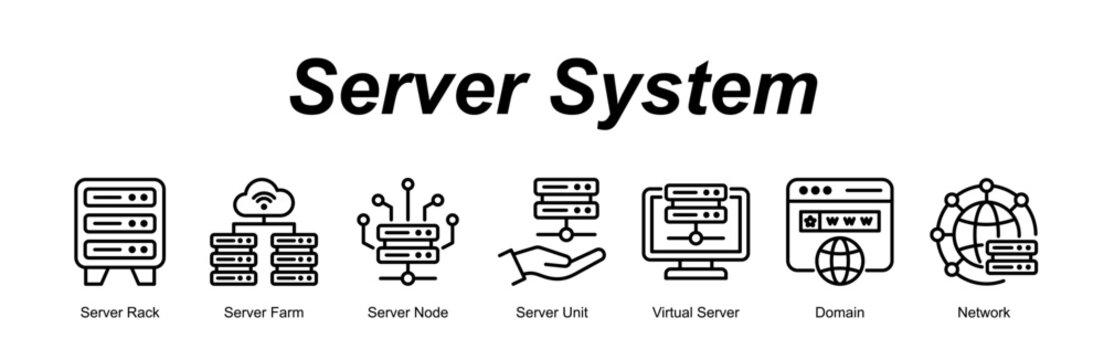 Server System banner web icon vector illustration concept with an icon of Server Rack, Server Farm, Server Node, Server Unit, Virtual Server, Domain, Network 