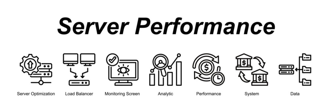 Server Performance banner web icon vector illustration concept with an icon of Server Optimization, Load Balancer, Monitoring Screen, Analytic, Performance, System, Data 