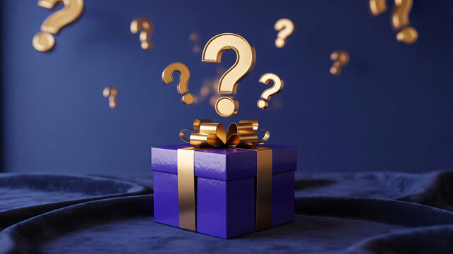 Purple gift box with a gold ribbon and floating question marks over a velvet surface for a mystery surprise