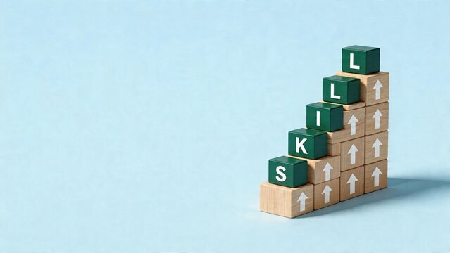 Business growth concept wooden blocks building tower with upward arrows and skill letters success development education strategy management career ladder on light blue background