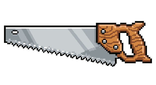 Pixel Art Hand Saw with Wooden Handle.