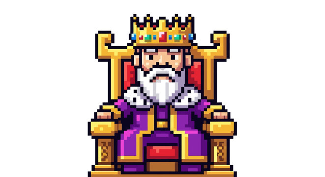 Pixel Art King Sitting on Ornate Golden Throne Regal Attire.