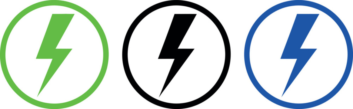 Three lightning bolt icons in green black blue circles with white background