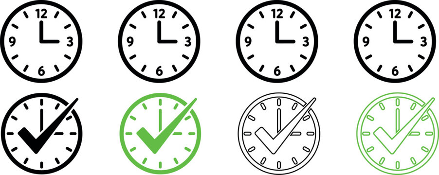 Multiple clock faces and checkmarks, some with time indicators and others