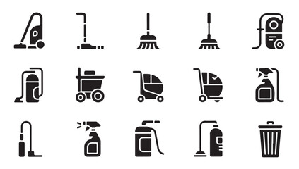 Set of vacuum cleaner broom trash can and cleaning cart for household chores vector illustration. © MDABDUR