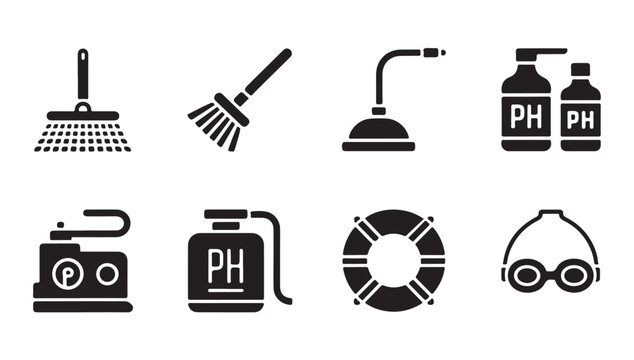 Set of broom shower ph meter and goggles for pool maintenance vector illustration.