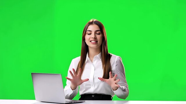 Professional Woman Presenting and Gesturing at Desk with Laptop on Green Screen Background