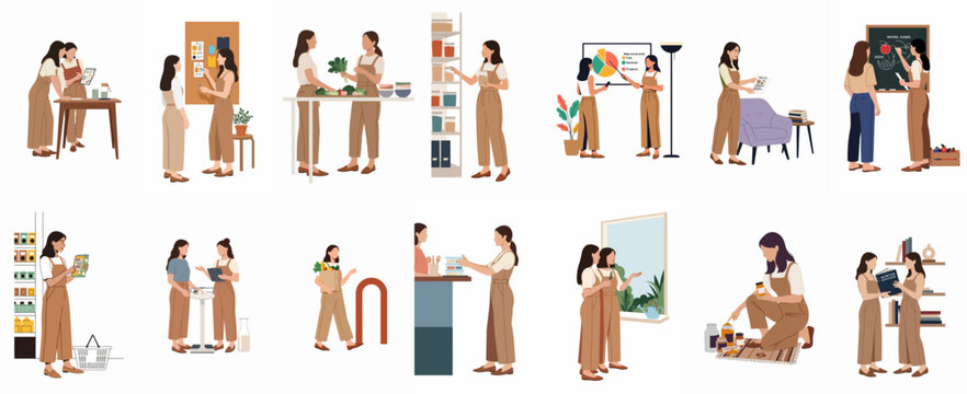 Collection of illustrations showing women engaged in nutrition coaching, healthy meal planning, grocery shopping, and learning about balanced diets for a healthy lifestyle.
