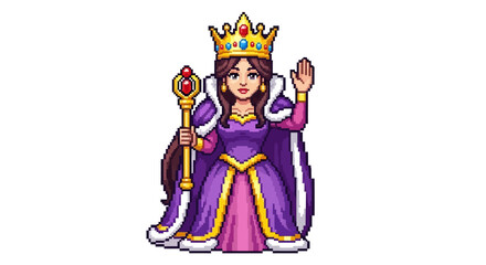 Obraz premium Pixel Art Queen Holding Scepter Waving Hand.
