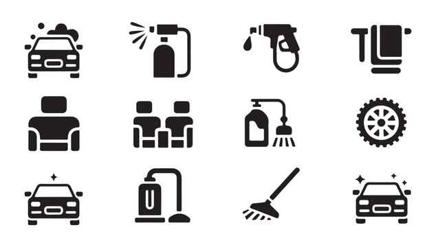 Car wash service black silhouette icon set, automobile cleaning tools and equipment.