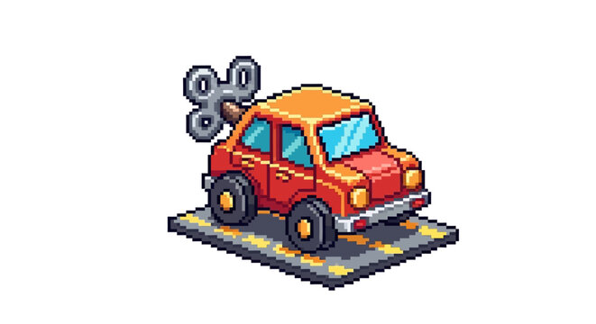 Pixel Art Wind Up Toy Car on Road.