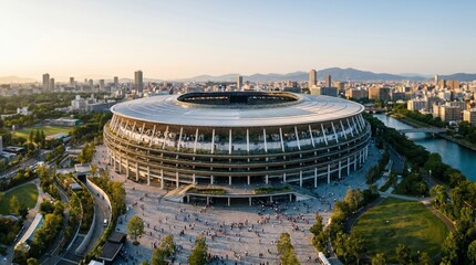 Aerial view of the National Stadium in Tokyo, Japan, a modern architectural marvel hosting major sporting events.