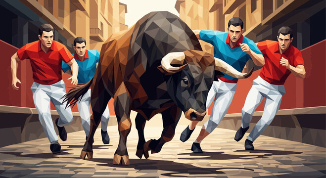 Bull Run Festival: Men Chase Bull Through Urban Street, Traditional Event