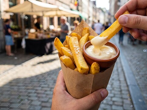 Person eating a cone of traditional Belgian fries with mayonnaise on a city street.
