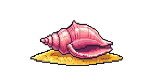 Pixel Art Pink Seashell on Sandy Beach.