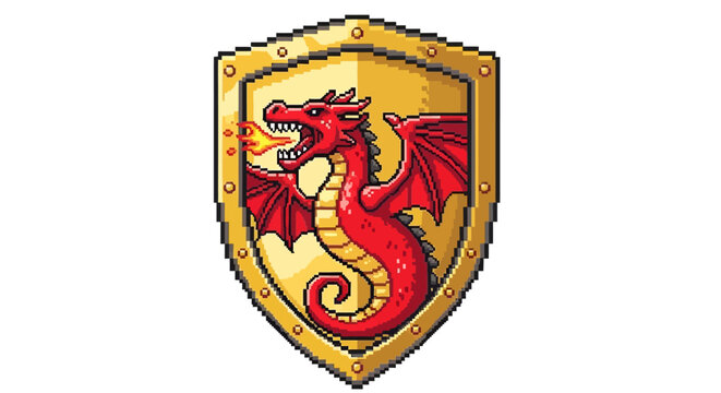 Red Dragon Emblem Shield Fiery Breath Pixel Art.