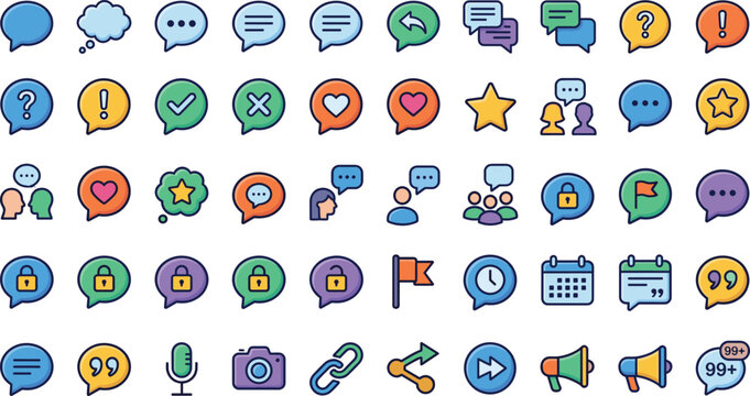 Chat bubble vector icon set with messaging communication reactions notifications social media symbols colorful flat design isolated on white background