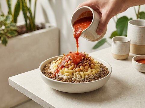 Pouring Tomato Sauce on Egyptian Kushari Dish.