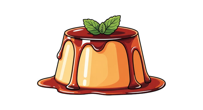 Sweet Caramel Custard Pudding Illustration with Mint Leaves, Delicious Dessert Icon Isolated on White Background