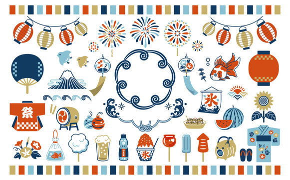 夏祭りの和風アイコンセット　夏　祭り　花火大会　提灯　風鈴　風物詩　金魚　縁日