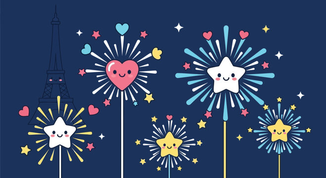 Cute Kawaii Fireworks Display with Eiffel Tower Silhouette
