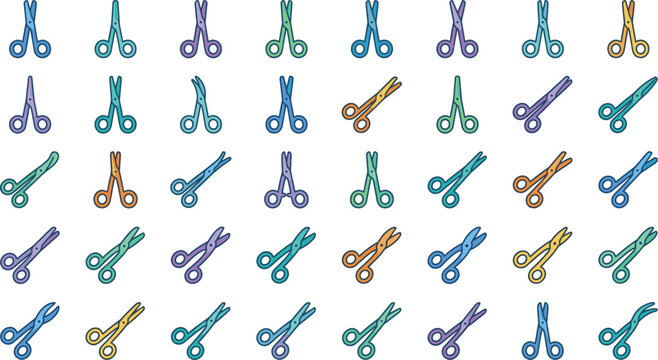 Scissors vector icon set with colorful cutting tools different styles open closed positions craft office and barber equipment isolated on white background design